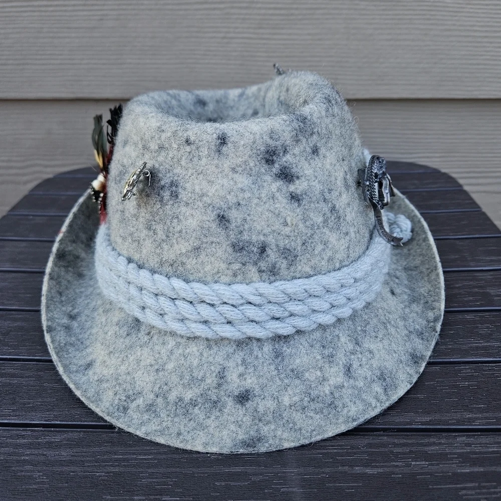 VTG German Bayerischer Berghut Walk Loden Hat Gray 5 Pins Oktoberfest Lederhosen